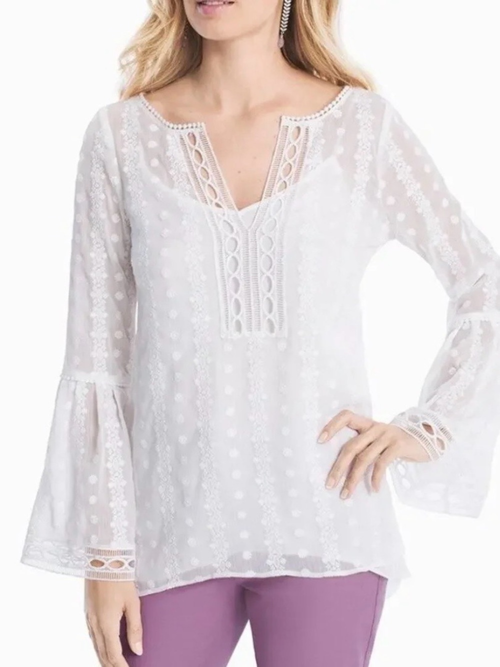 White House Black Market WHBM White Embroidered Lace Bell Sleeve Tunic Blouse L